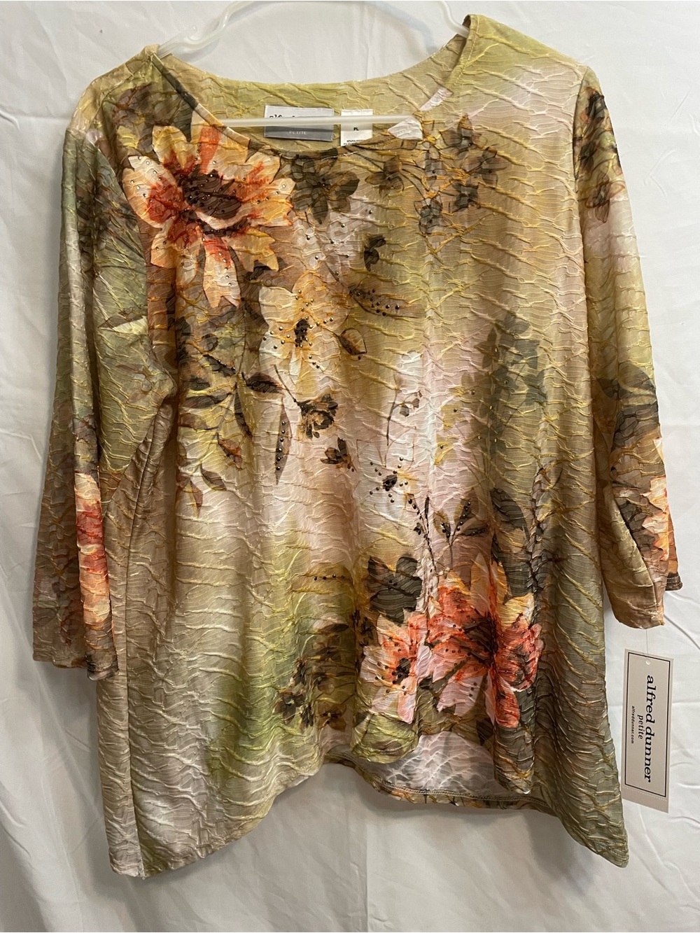 Alfred Dunner Olive and Peach Floral Textured Scoop Neck Tunic